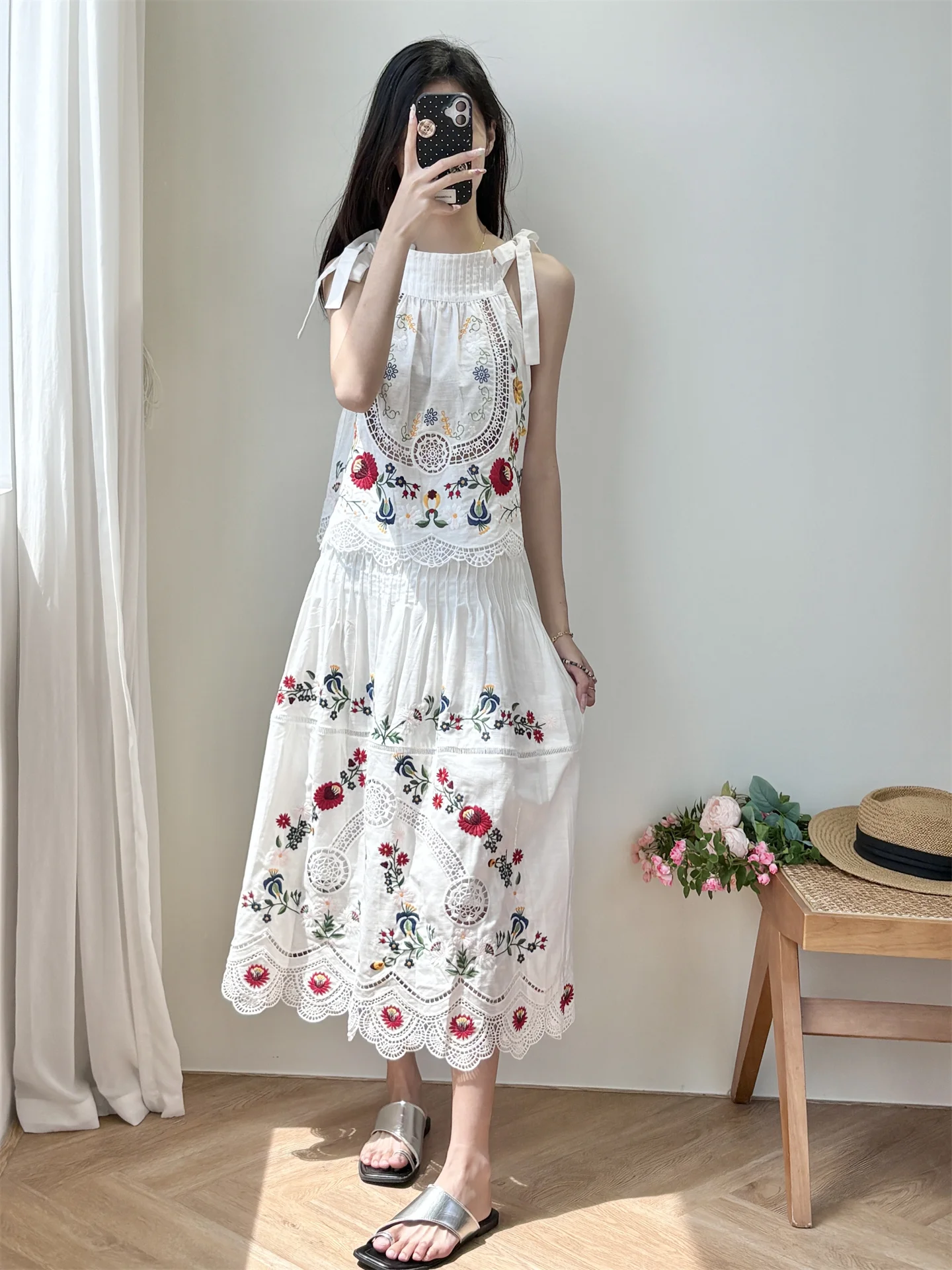 

Ele Embroidered Hollow out Netie Vest Top High Waist A-Line Skirt Set Summer Commute Sle Loose Fit Long Skirt
