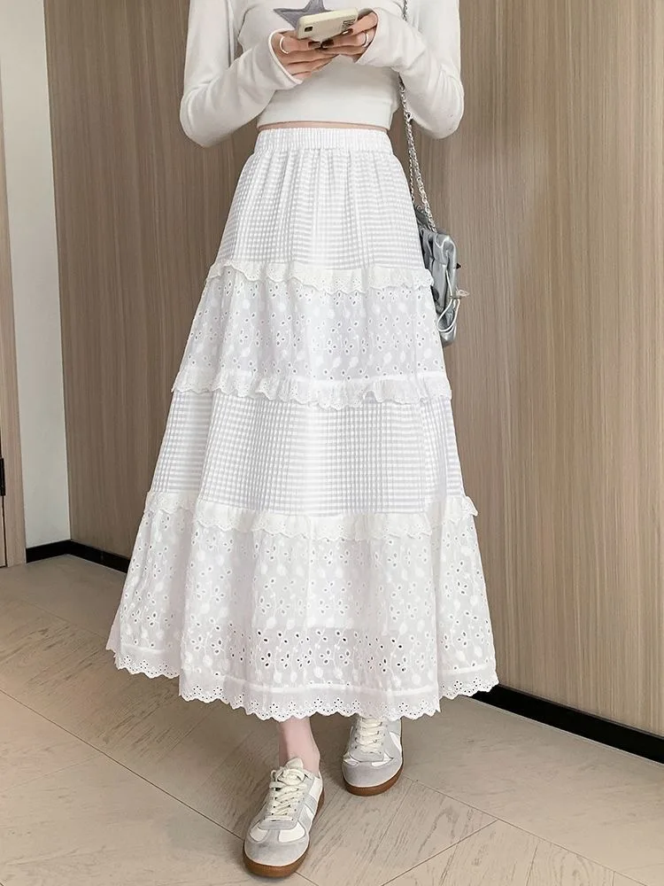 

Новая женская юбка весна-лето: винтажная, с высокой талией, эластичная, в стиле пэчворк, белая/черная, шикарная, длинная, многоярусная, А-силуэт