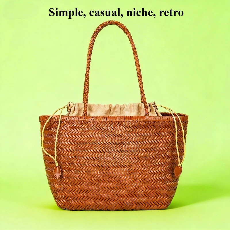 

Простая, повседневная, нишевая плетеная сумка-корзина из французской телячьей кожи, сумка из натуральной кожи, женская сумка большой вместимости в ретро-стиле.