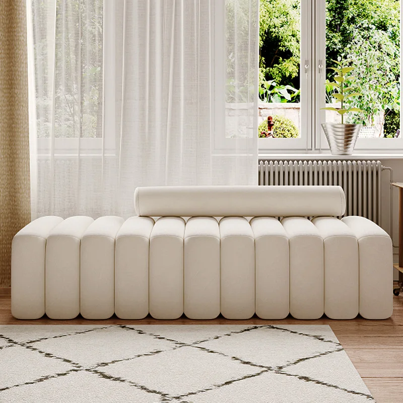 Nordic cloakroom, fabric sofa in front of bed, long strip art entrance, shoe change stool, creative bedside stool, household