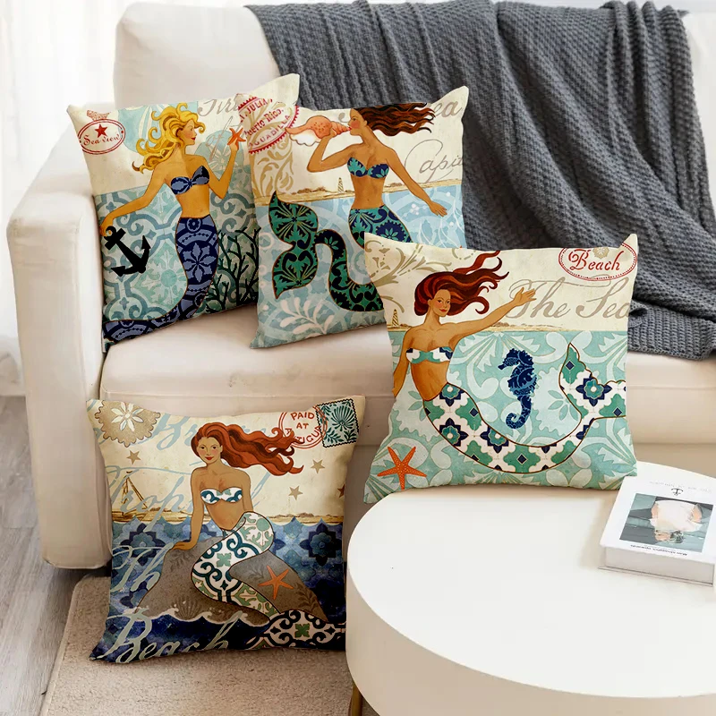 

Marine Animal Mermaid Sea Starfish Seahorse Print Square Pillowslip Linen Blend Cushion Cover Pillowcase Living Room Home Decor