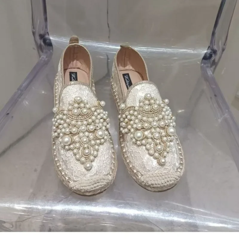 2025 neue String Bead Halbe Hausschuhe Frühling Rutschen Frauen Schuhe Perle Hanf Frauen Baumwolle Stoff Spitze Schuhe