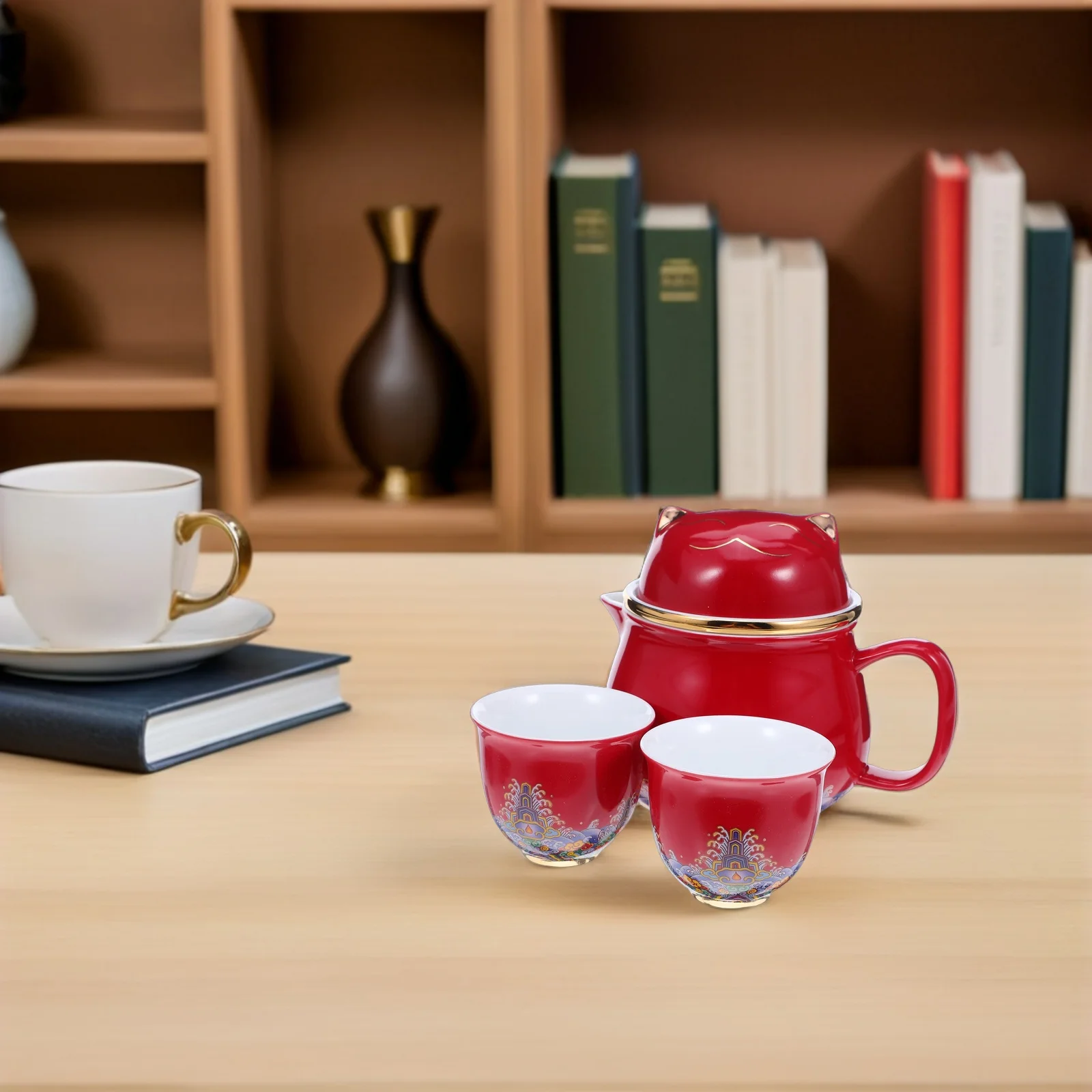 

1 комплект, фарфоровый чайный сервиз Gongfu Lucky Cat, керамический чайник с двумя чашками, портативный дорожный офисный традиционный китайский чайный сервиз