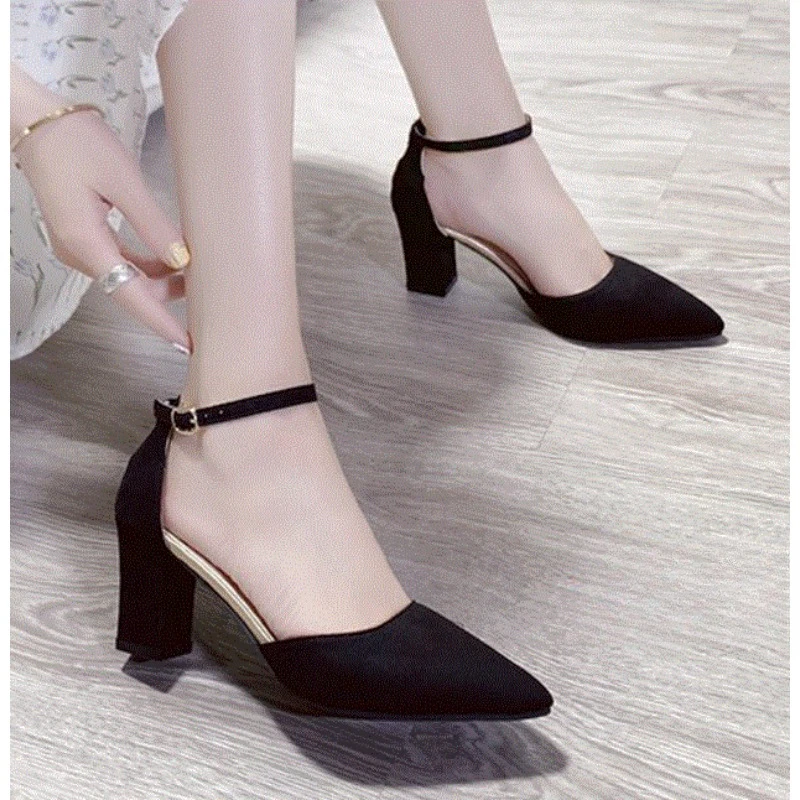 Black Medium Heel High Heels Pumps Women  Chunky Black Designer Dress Shoes Elegant Casual Dress Round Tip Cheap Products