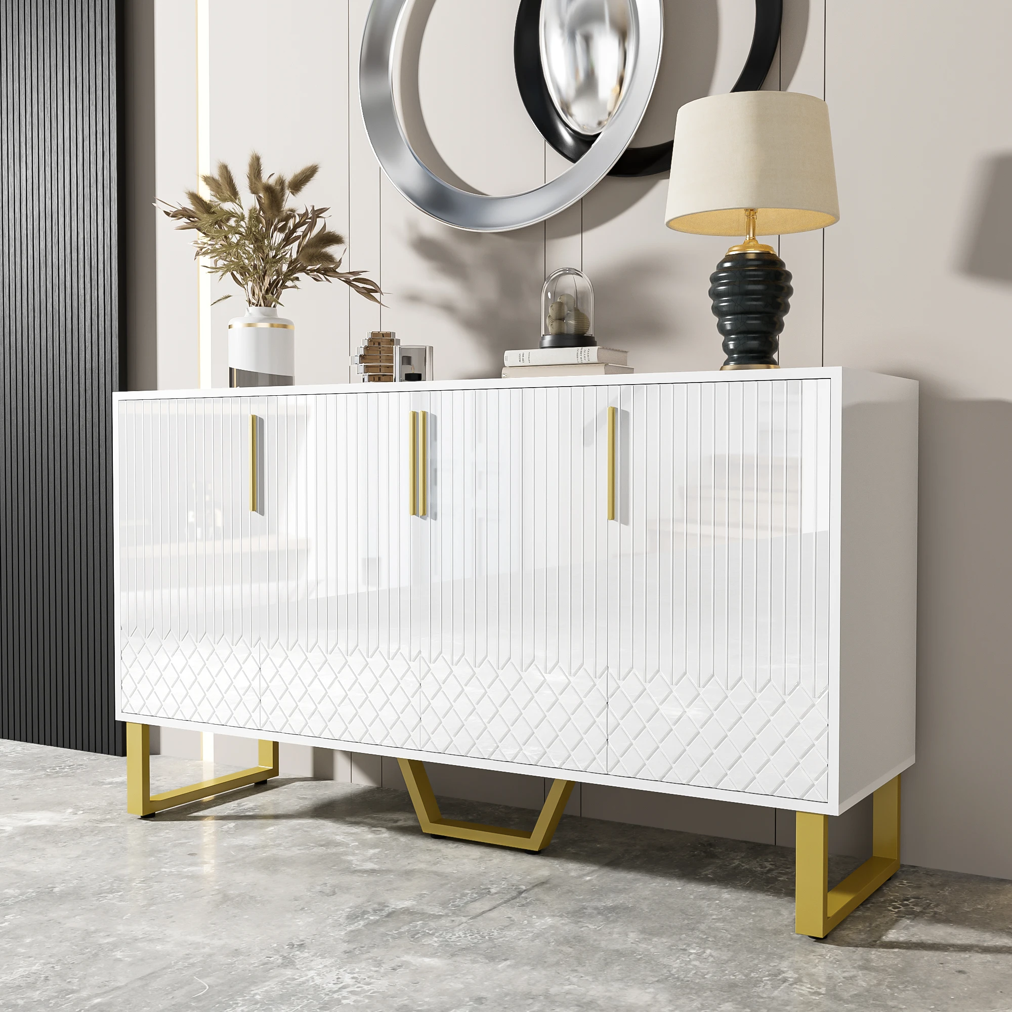 Aparador de alto brillo, 4 puertas, tiradores y patas de metal, diseño geométrico en blanco, 140L*40W*80H, Envío desde la UE