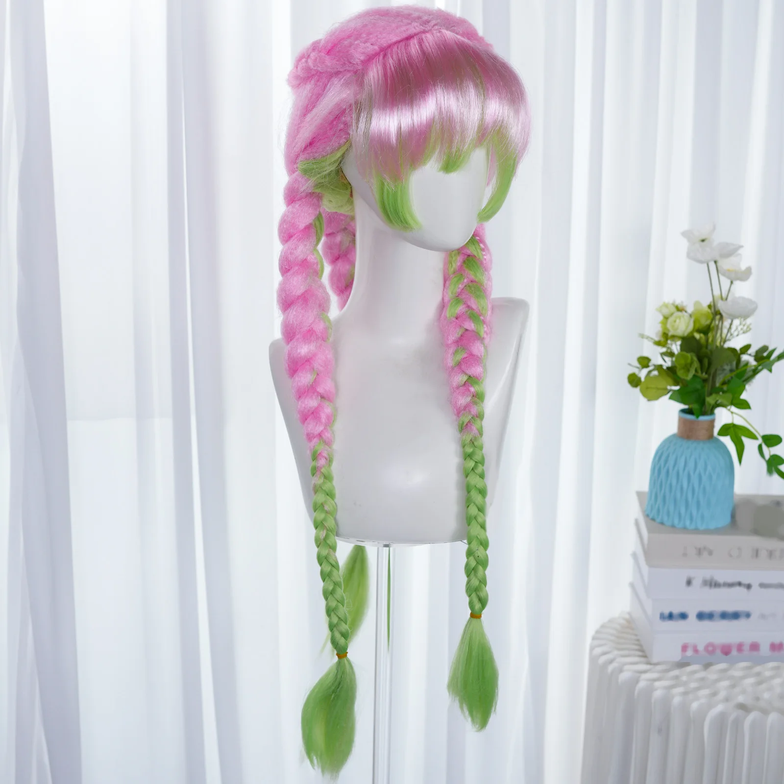Synthetic fiber hair, bangs, costume wigs, pink and green woven anime wigs, suitable for women's carnival anime parties - view 4