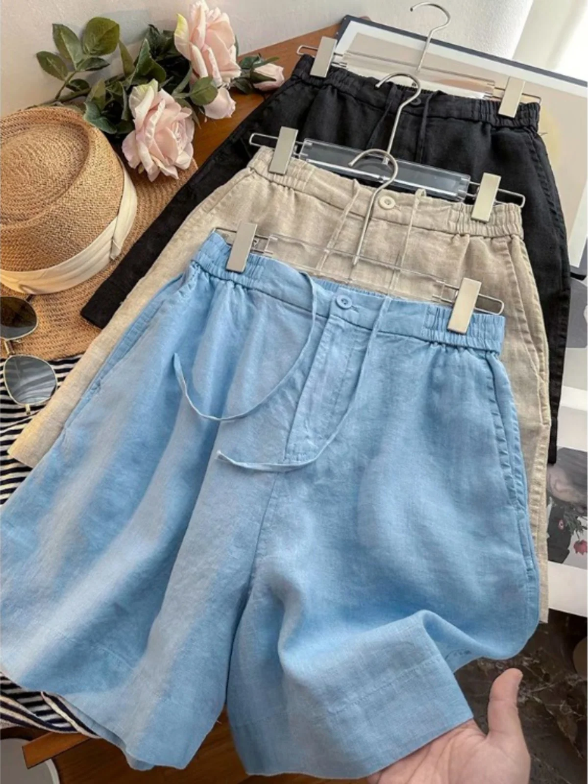 

Artistic Pure Color Cotton Linen Wide Leg Casual Five-Point Pants plus Size Women's Faionable Slimming Elastic Waist orts