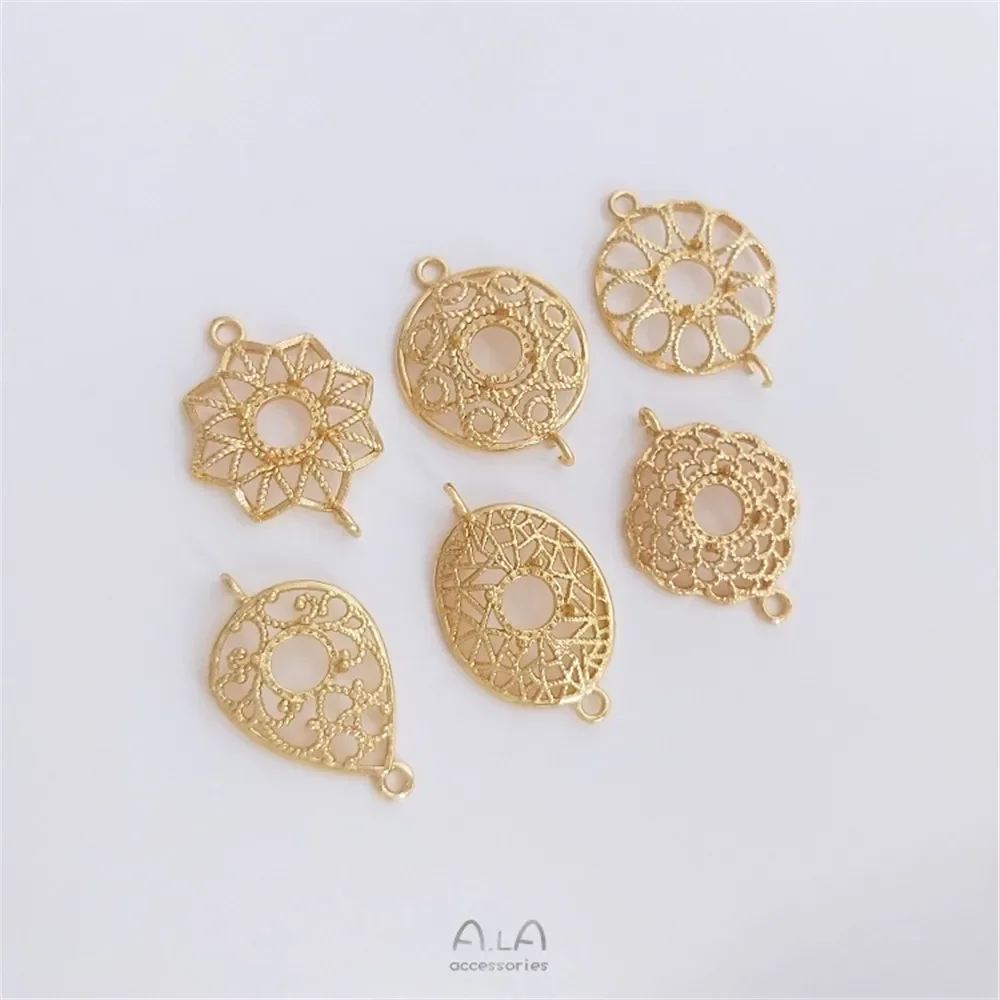 Accesorios para pendientes y pulsera DIY, círculo de encaje chapado en oro de 14 quilates, ocho estrellas, doble colgante