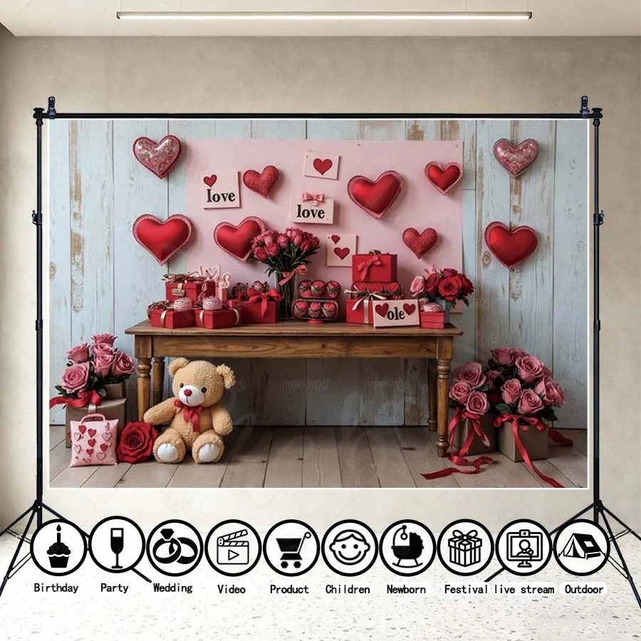 

MOON.QG Valentine's Day Floral February 14 Photo Background Flower Arch String Lights Wooden Backdrop Maternity Studio Shooting