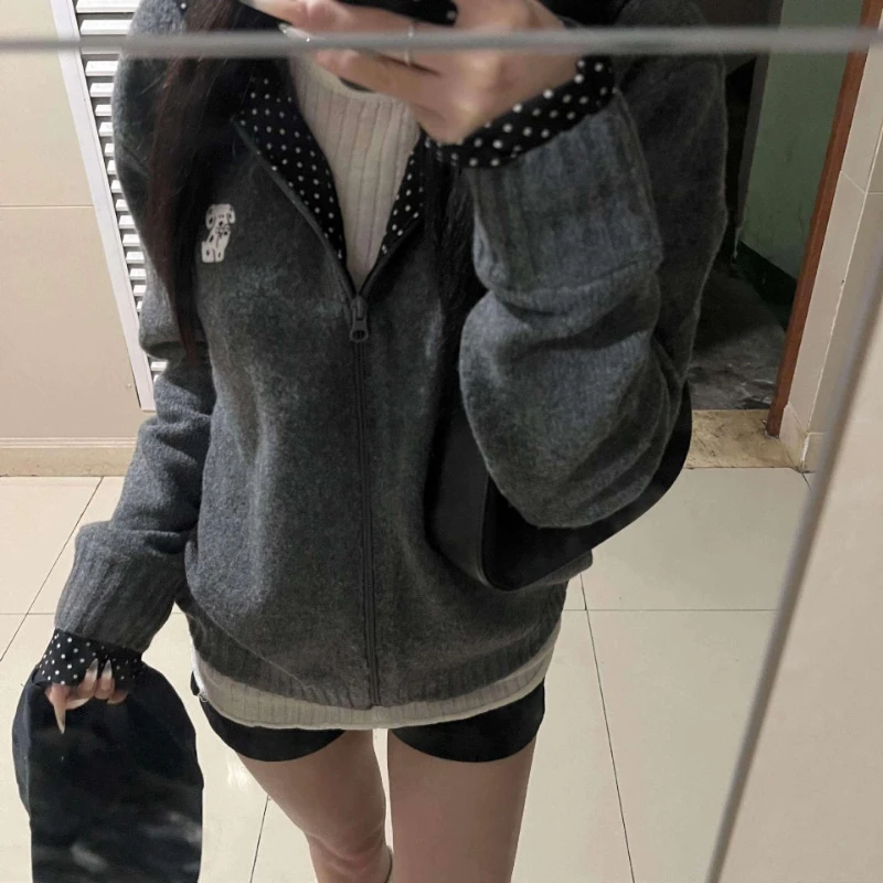Y2k Aesthetic Polka Dot Patchwork Knitted Hooded Cardigan Women Vintage Cartoon Embroidery Harajuku Loose Grunge Sweater