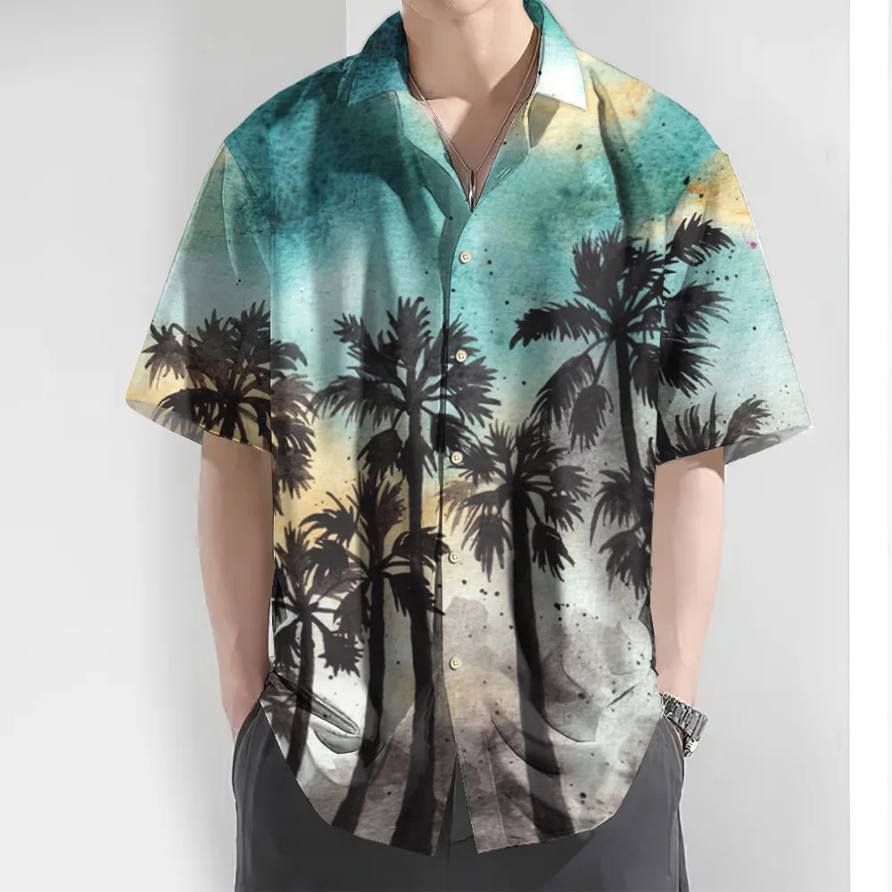 Summer Men\'s Shirt 3d Colorful Coconut Tree Print Hawaiian Shirts For Men Beach Casual Short Sleeve Shirt Oversized Man Clothing