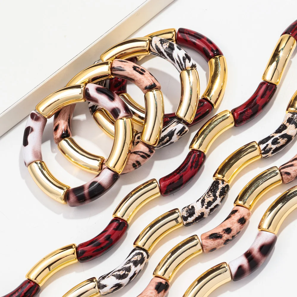 New Trend Acrylic Leopard Printing Chunky Bamboo Bracelets for Women Resin Elastic Tube Beads Necklace 2024 Fashion Jewelry