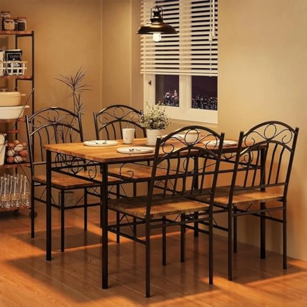 Retro Dining Table Set for 4, 5 Piece Industrial Dining Table & Chairs, Wood Table Chairs Set for Small Space, Breakfast Nook (R