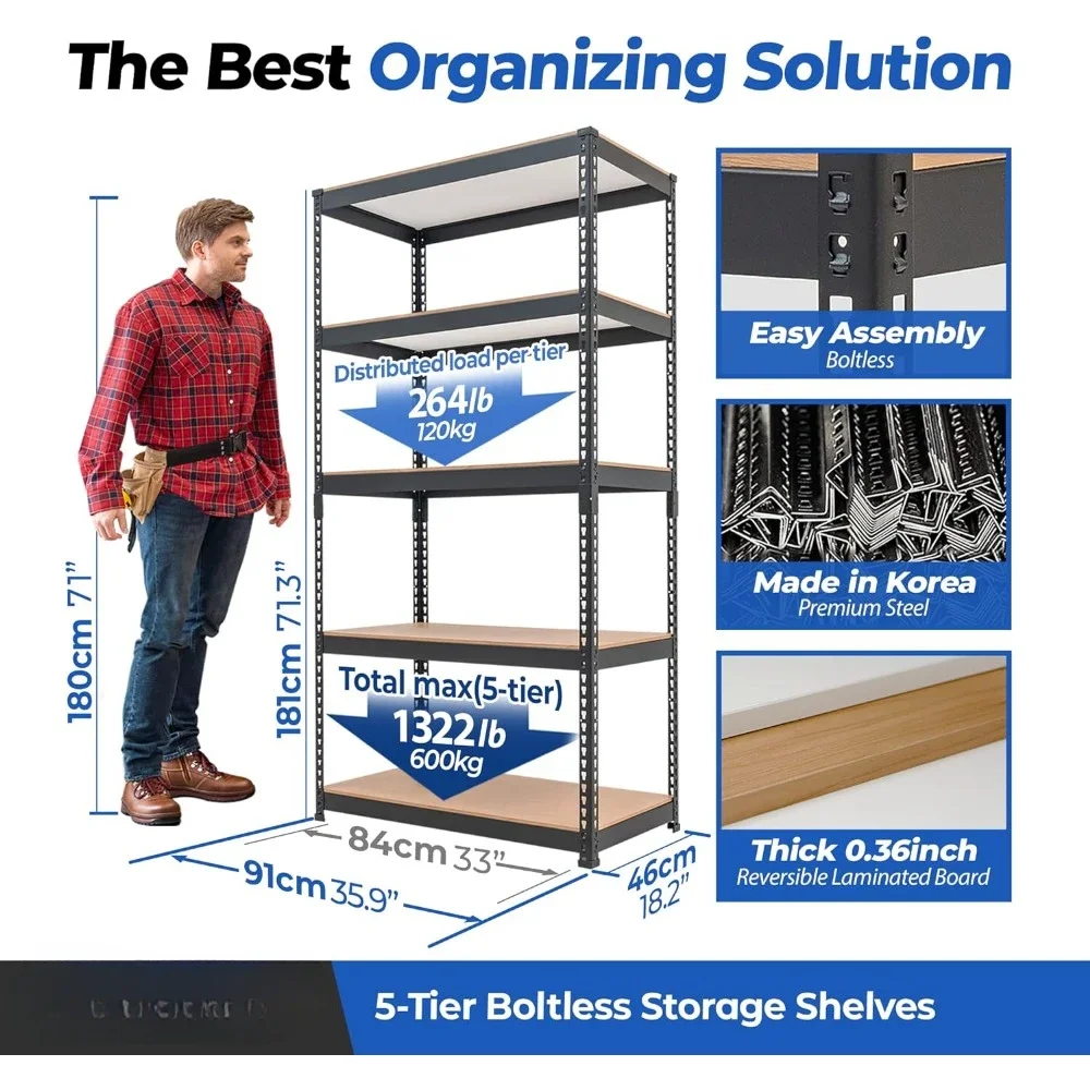 5 Tier Metal Shelving Unit Adjustable Garage Storage Utility Rack Heavy Duty Shelves Organization Multipurpose Shelf