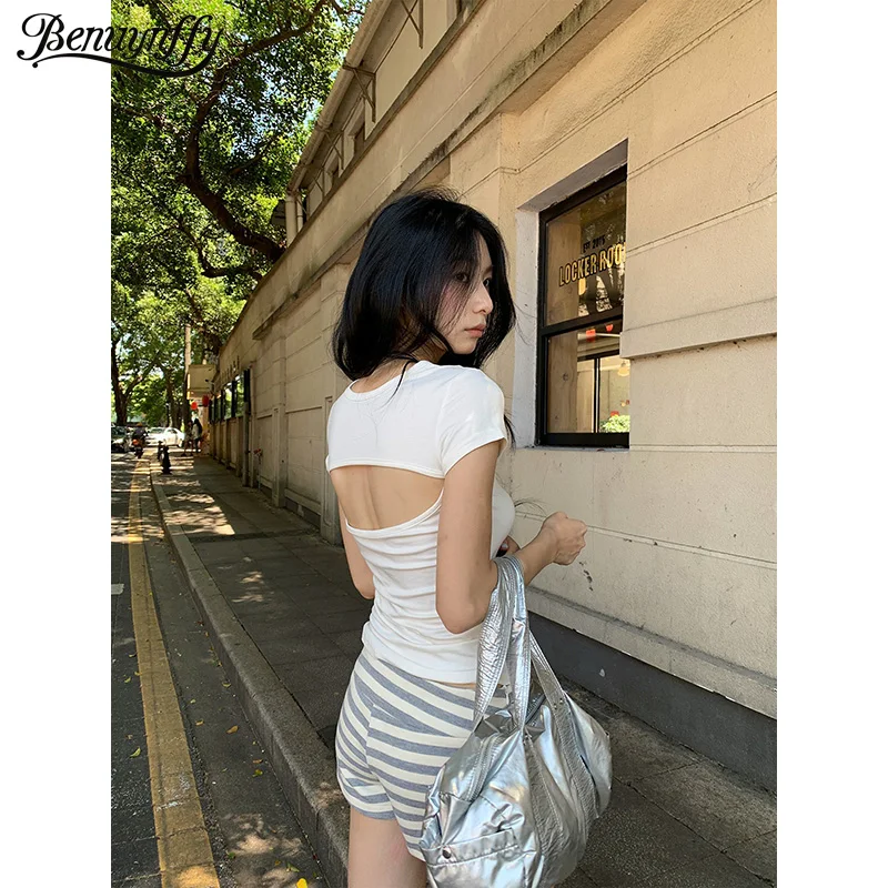 Benuynffy Solid Color Cut Out Back Crop Top Women 2026 Summer New O-Neck Short Sleeved Slim Fit Casual Female T-Shirts Tops
