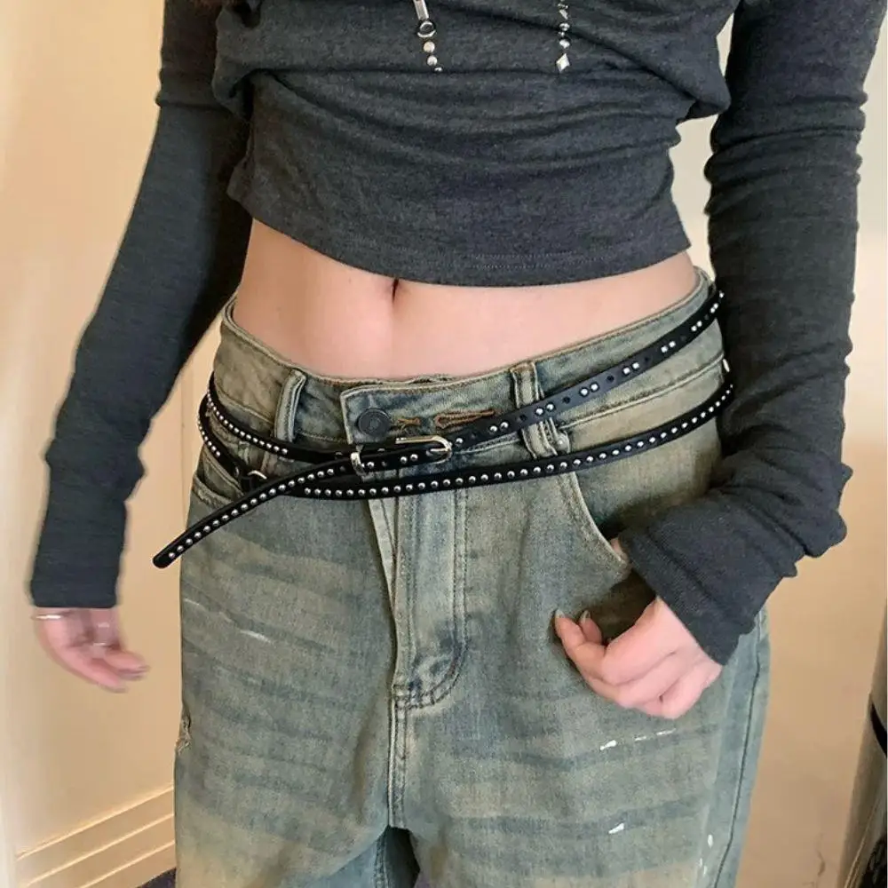 INS موضة حزام دائرة مزدوجة بولي Leather الجلود تنوعا رقيقة حزام شخصية التوابل فتاة ملحق حزام برشام العيينة حزام ثقب