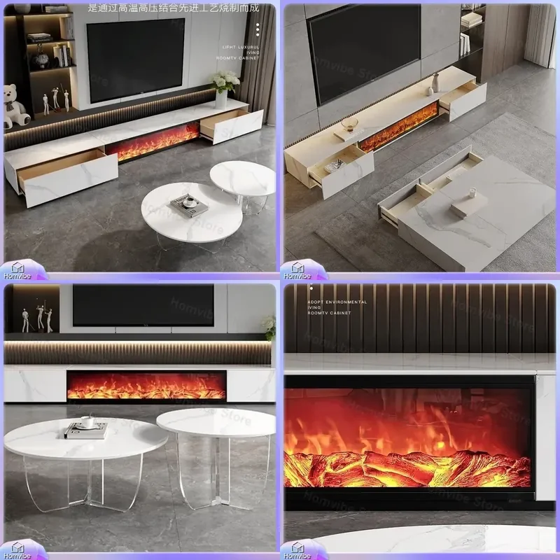 for Light Luxury Rock Panel TV Cabinet Simple Modern Living Room Simulation Flame Fireplace Integrated Solid Wood Floor Stand