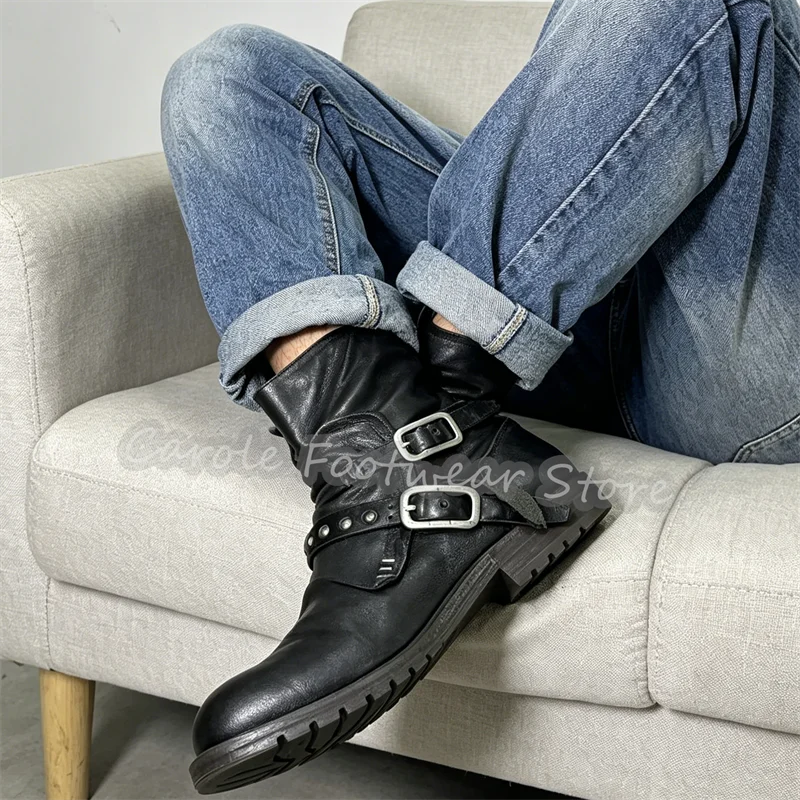 Male Punk Black Leather Motorcycle Boots Metal Belt Buckles Ankle Booties Gothic Chunky Heel High Top Zipper Boots for Men