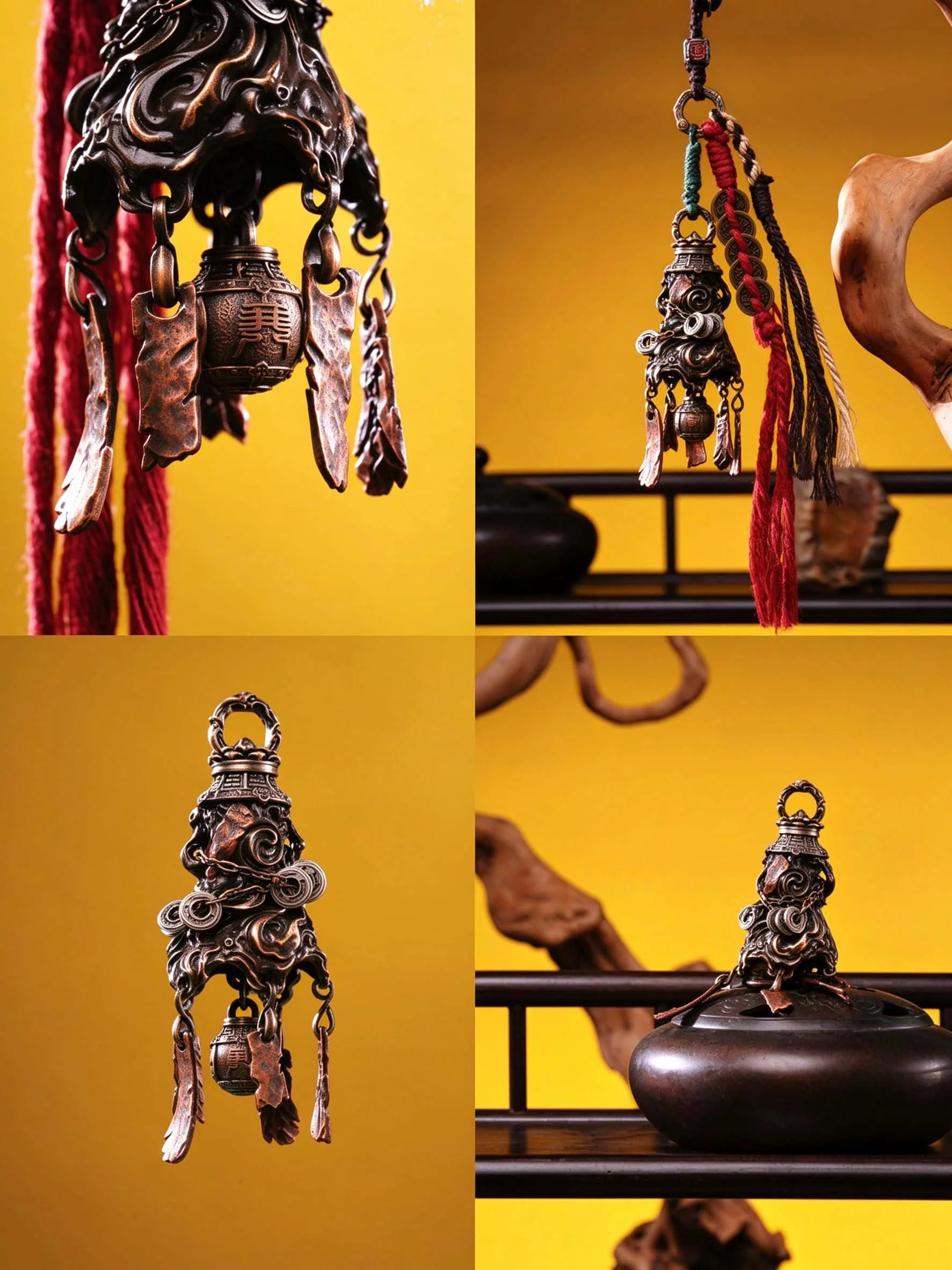 Chinese Feng Shui Hu Sheng Ling Keychain Vintage Bronze Coin Bell Tassel Car Hanging Ornament Mythical Beast Amulet Braided Rope