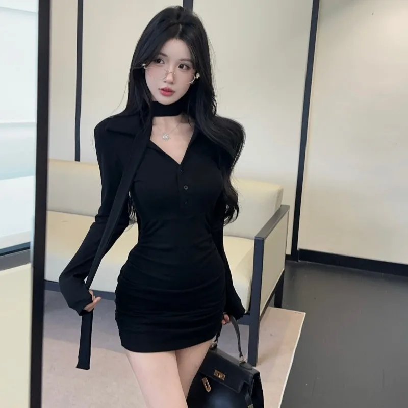 퓨어 디자이어 섹시 브이넥 플리츠 디자인 허리 조임 스커트 드레스 하이웨이스트 플로잉 출퇴근룩 한국 스타일