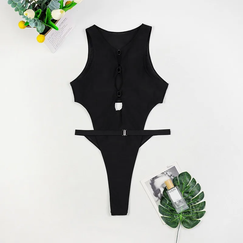 2025 new European and American swimsuit round neck hollow one-piece swimsuit triangular women solid color seaside