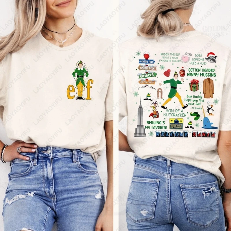 Buddy The Elf Vintage Fashion Christmas Lights 2-sided Tee Christmas Classic Movie Gifts 2025 Cotton T-Shirt Vacation Print Tops