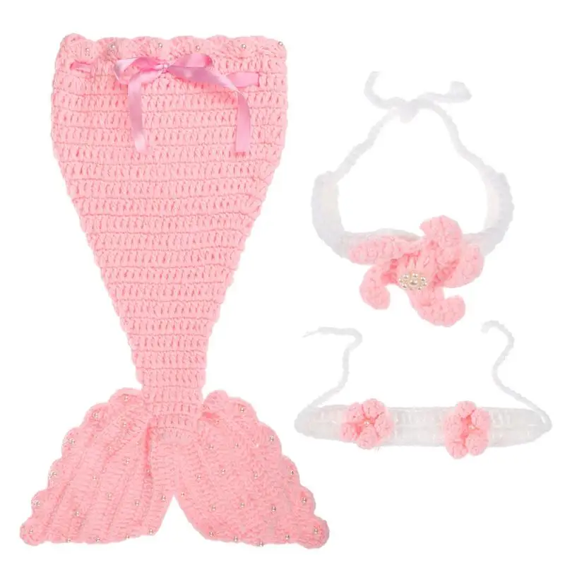 1pc Classic Style Cartoon Mermaid Style Baby Infant Newborn Hand Knitted Crochet Costume Baby Photograph Props Set Pink