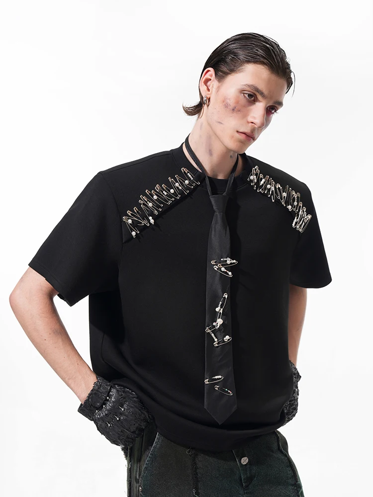 Fashion High-end Solid Color Pin Short-sleeve Tops Men's 2025 Summer New Niche Design Tees Boys Shoulder Pad Round Neck T-shirts