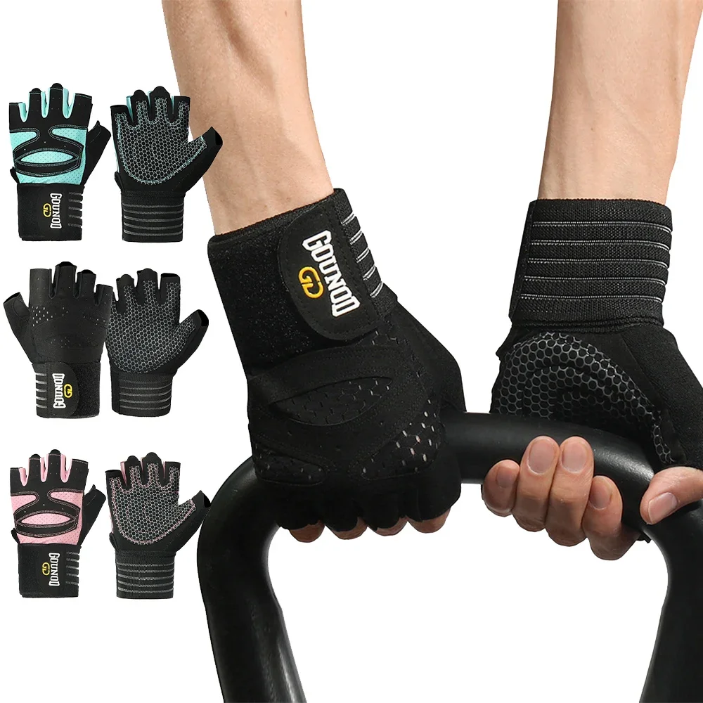 Men Women Ventilated Gym Workout Gloves with Wrist Wrap Support Full Palm Protection for Weightlifting Training Fitness Pull ups