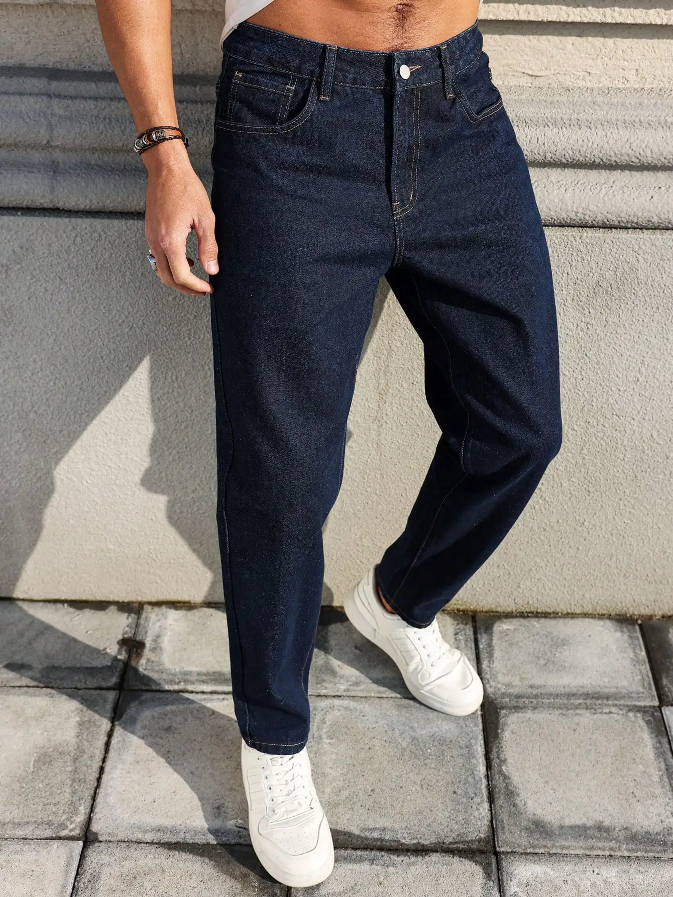 Men's Deep Blue Slim-Fit Five-Pocket Denim Trousers, Casual and Stylish, with a Slim Cut That Accentuates Long Legs, Versatile