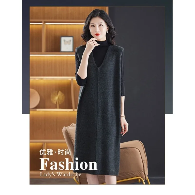 Colete de cor sólida sem mangas com decote em V saia suéter para mulheres outono inverno colete de malha quente suéter camadas para deslocamento