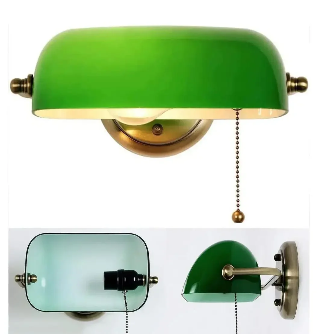 2027 Upgraded Version Green Glass Bankers Lamp Shade Adjustable Wall Light With Pull Chain Hard Wired For Bedroom Sconce Fixtur