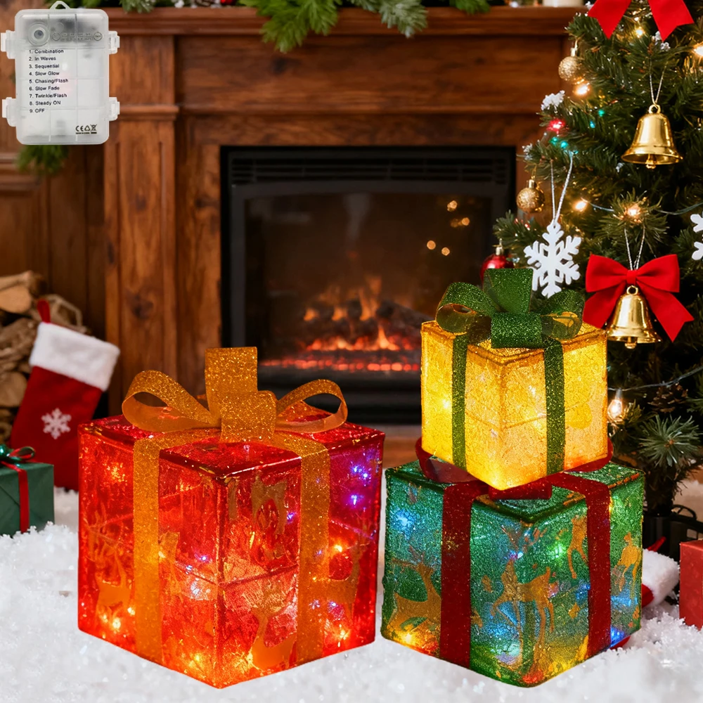 

Christmas Gift Boxes, 3pcs Set Christmas Deer Present Box Decorations for Home with 50 Warm White LED for Indoor Outdoor Decor