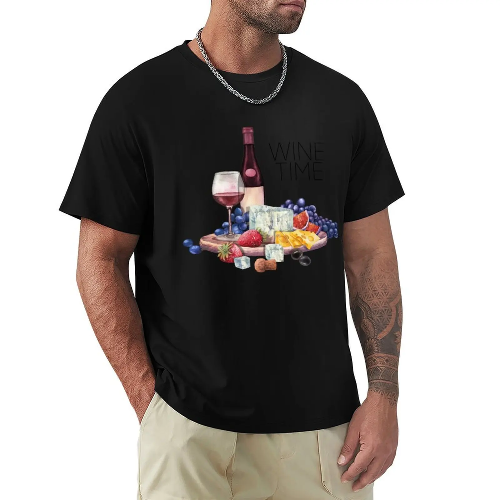 Watercolor wine glasses and bottles decorated with delicious food T-Shirt Basic Comfort Fit T-Shirt for Men