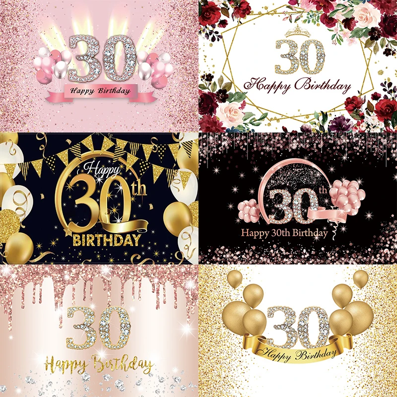 

Sweet Pink 30th Photo Backdrop Women 30 Birthday Party Decorations Black Gold Thirty Men Photography Background Banner