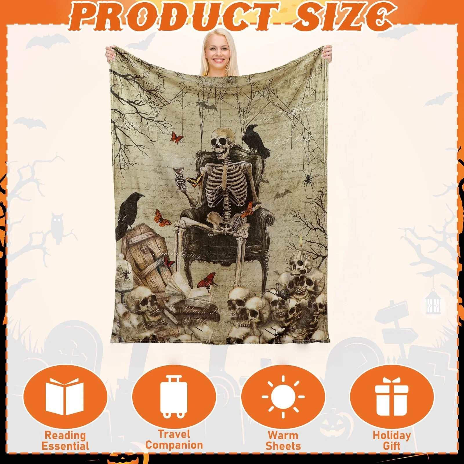 2026 New Halloween Blanket Retro Skull Flannel in Different Sizes, Comfortable, Soft and Skin Friendly, Suitable for Home Use