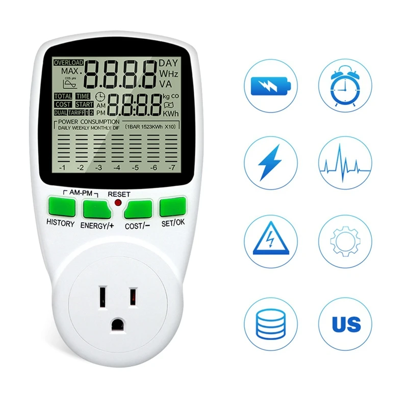 디지털 LCD 에너지 계량기 전력계 전력량, 전력 계량기 측정, 콘센트 전력 분석기, 미국 플러그