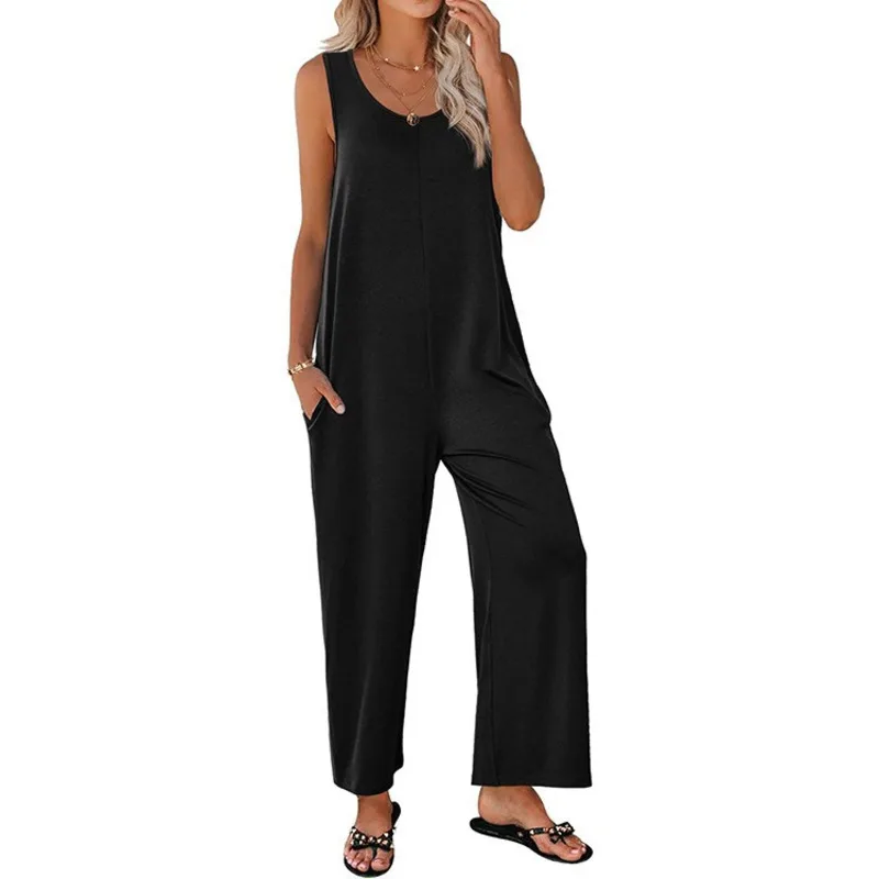 Women's 2024 Spring/Summer New Product Comfortable And Cool Solid Color Casual Straight Strap Pants Loose Jumpsuit