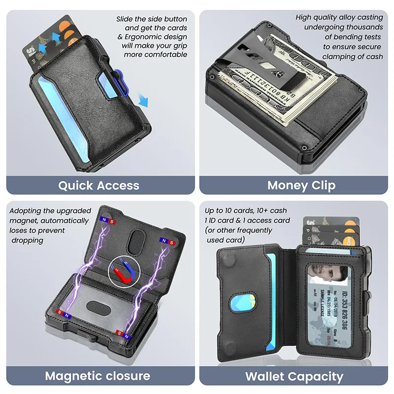 One-click Elastic Card, Metal Leather Card Bag, RFID Anti-theft Brush Function, Multi-card Position Men's Wallet