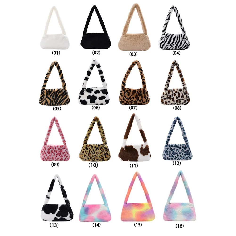 Vintage Female Shoulder Underarm Bag Animal Pattern Plush Portable Mini Purses  Female Handbag Furry Shoulder Bag Tote Bag