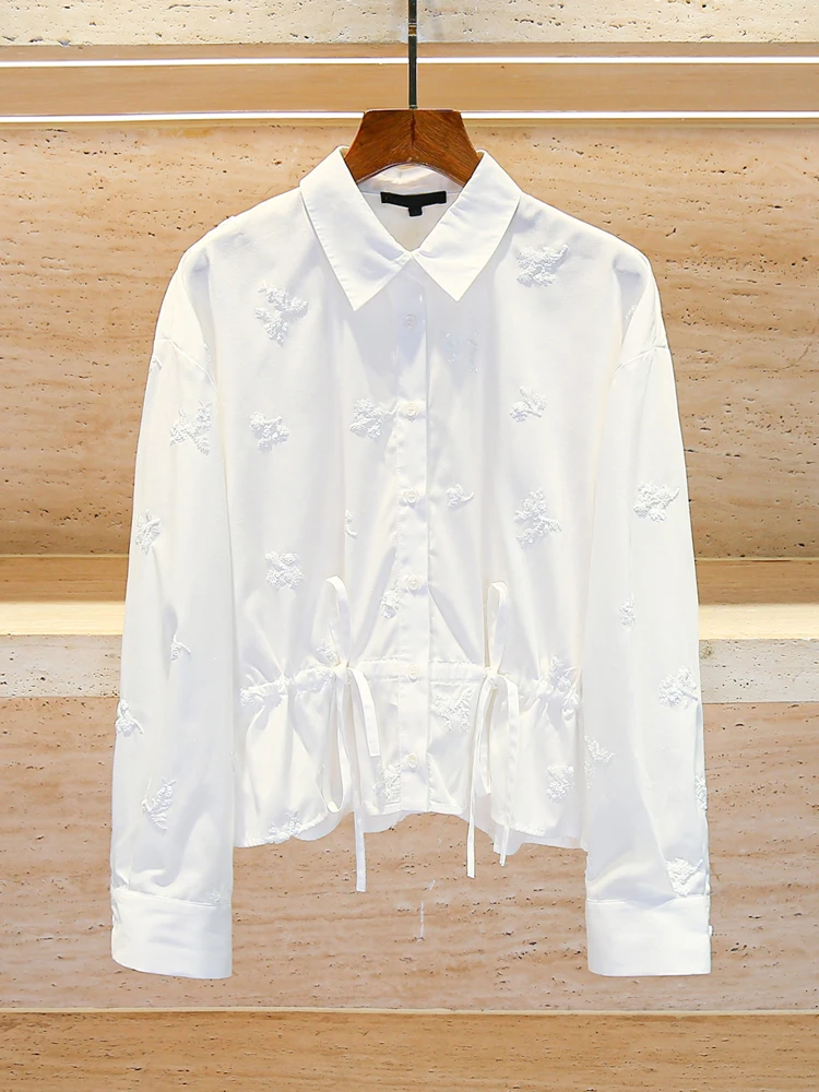 

Женская летняя блузка M Home Nan You High End с вышивкой бисером и воротником, свободного кроя, для офиса и повседневной носки, длинная