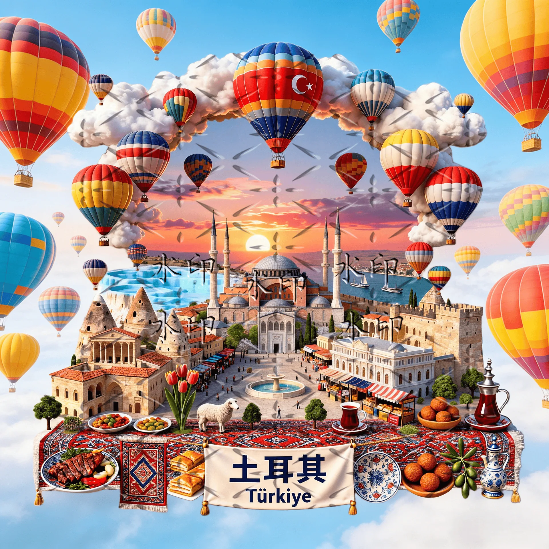 Turkey Istanbul Landmark Metal Embossed Fridge Magnet, Hot Air Balloon Design, Magnetic Sticker Travel Souvenir Decor Gift