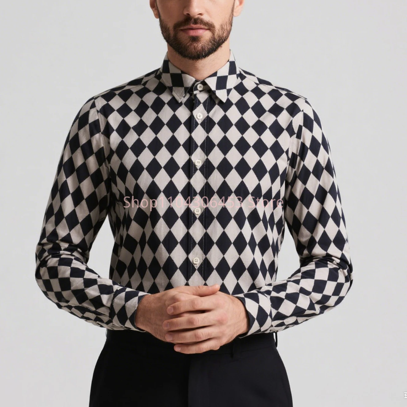 2025 New Men's Geometric Plaid Graphics 3D Printing Shirt Hawaiian Casual Casual Long Sleeve Lapel Shirt Business Simple Casual