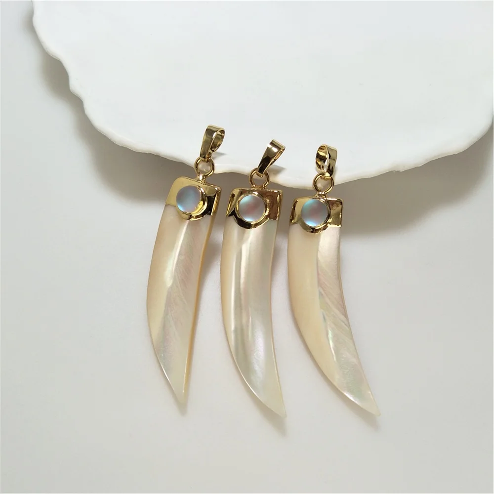 1 Pc Natural Irregular Shape Shell Inlaid Artificial Opal Pendant, Long Horn Women\'s Necklace To Make Accessory PD093