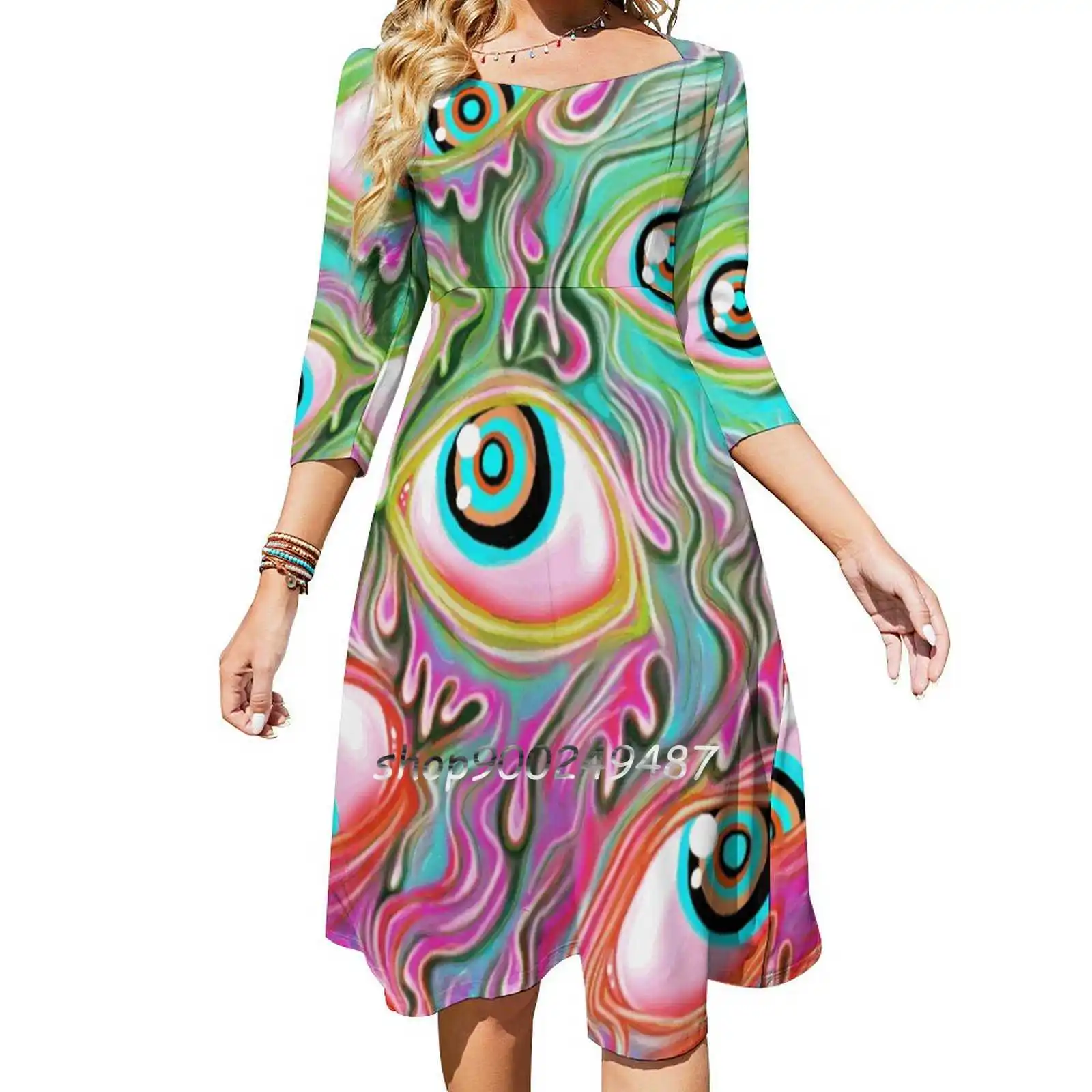 Eyeball Pattern-Color Alt Square Neck Dress New Plus Size Elegant Women Waist Tight Dress Alternate Colors Colorful Eyeball