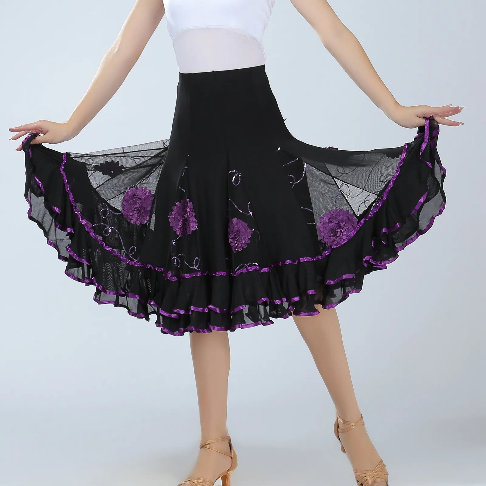 Latin Tango Modern Half Skirts Women's Ballroom Dancing Skirt Flower Sequin Mesh Performance Costume Big Swing Ruffles Vestidos