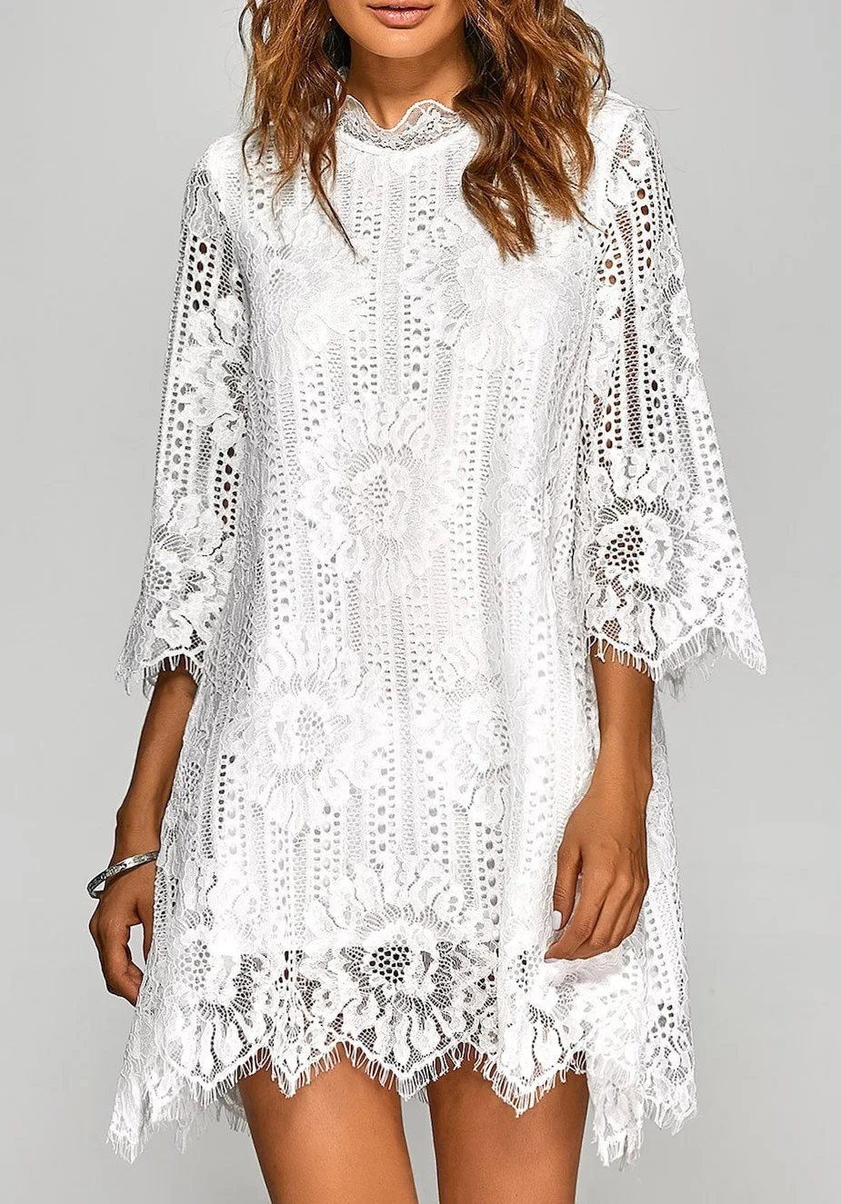 Openwork Lace Mini Dress Cheap Elegant Sweet Style Women Loose Irregular Hem Plain