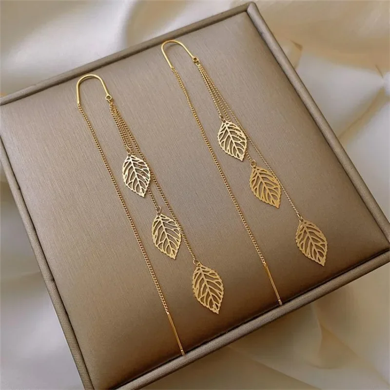 

Gold Color Hollow Leaves Earrings for Women Temperament Long Tassel Tea Ear Chain Earring Super Fairy Jewelry