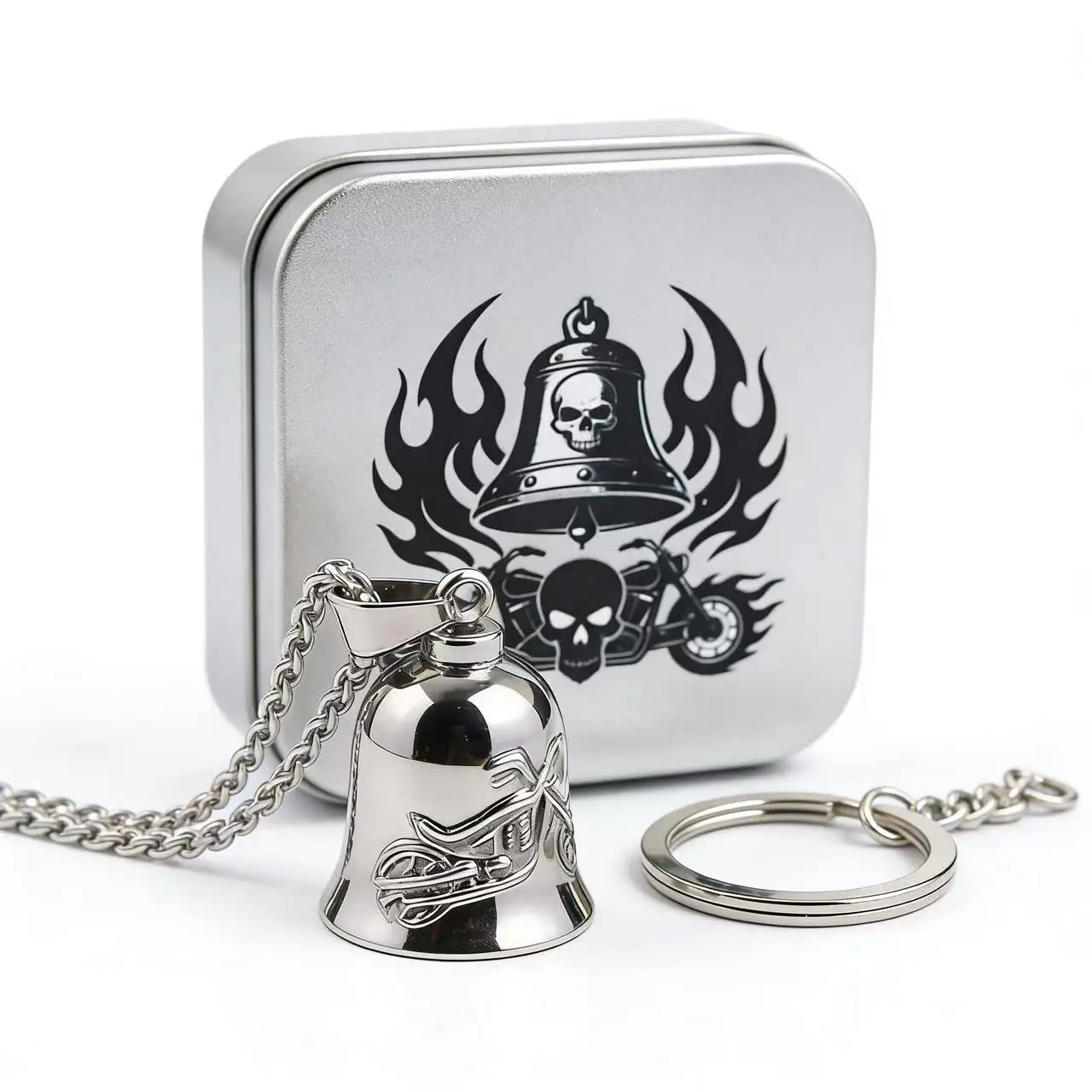 Punk 316L Edelstahl Schutzglocken-Halskette Anhänger für Männer Biker-Glocke Gremlin Glücksbringer Motorradfahrer-Accessoires Geschenkbox – Detail 5