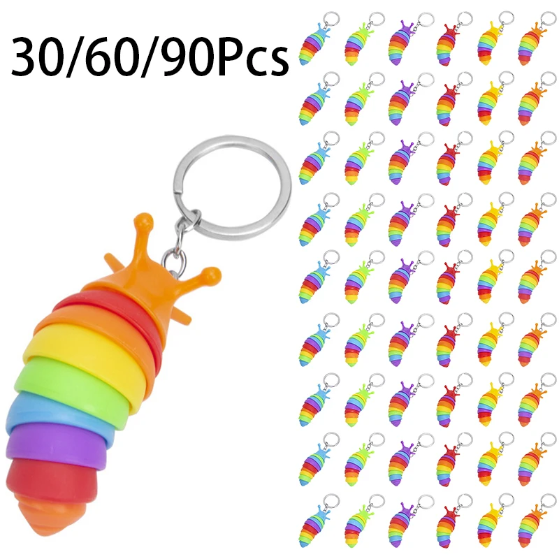 

30/60/90Pcs Plastic Keychains Cartoon Cute Novel Decompression Toy Pendant Rainbow Slug Pendant Keyrings